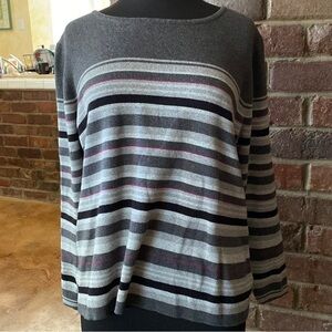 Liz Claiborne grey striped‎ crew neck cotton long sleeve sweater